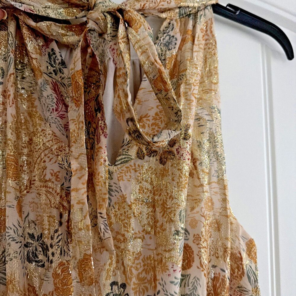 1.STATE Women's Sleeveless Cascading Ruffle Maxi Dress Cream Gold Multi Size M - Picture 14 of 15